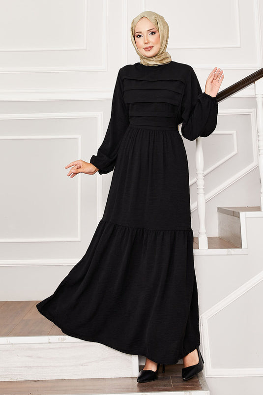 Self-Belted Waist Ribbed Detailed Dress Black