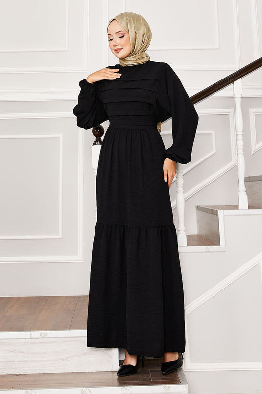 Self-Belted Waist Ribbed Detailed Dress Black