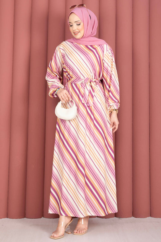 Buy Belted Patterned Dress Pink