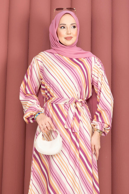 Buy Belted Patterned Dress Pink