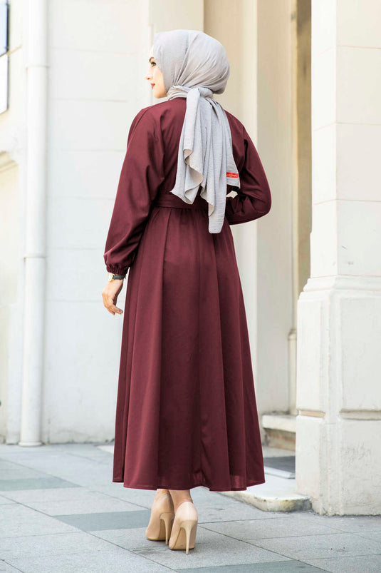 Beli Kuşaklı Tesettür Elbise 100MD-10528 Bordo