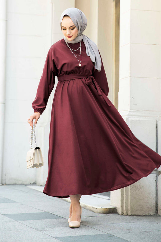 Beli Kuşaklı Tesettür Elbise 100MD-10528 Bordo