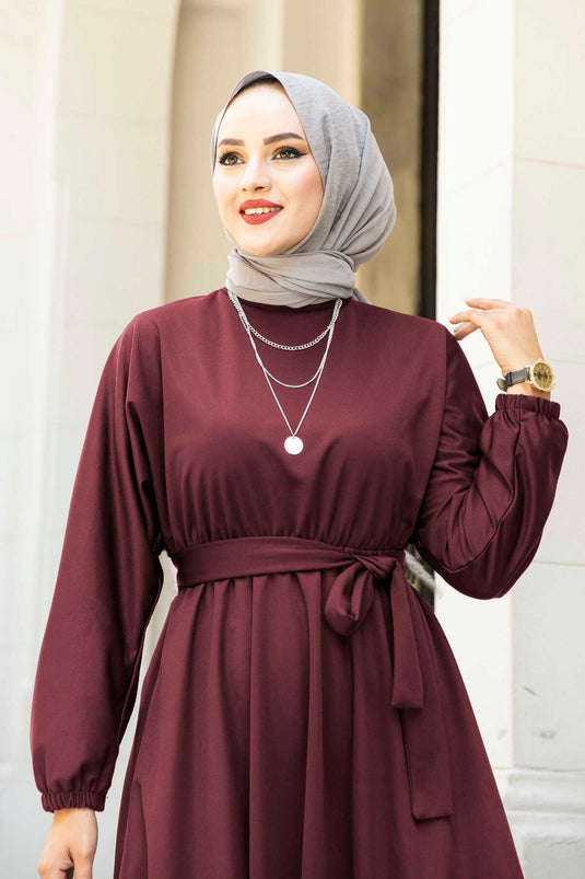 Beli Kuşaklı Tesettür Elbise 100MD-10528 Bordo