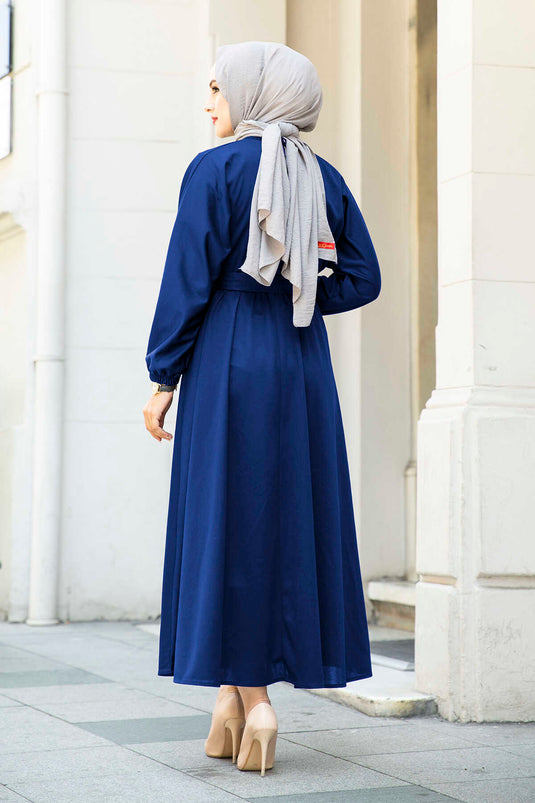 Belted Hijab Dress 100MD-10528 Indigo