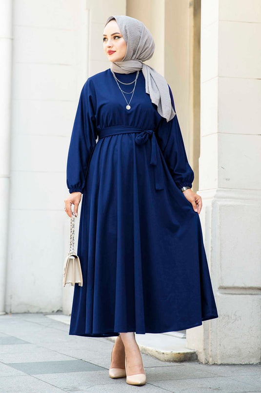 Belted Hijab Dress 100MD-10528 Indigo