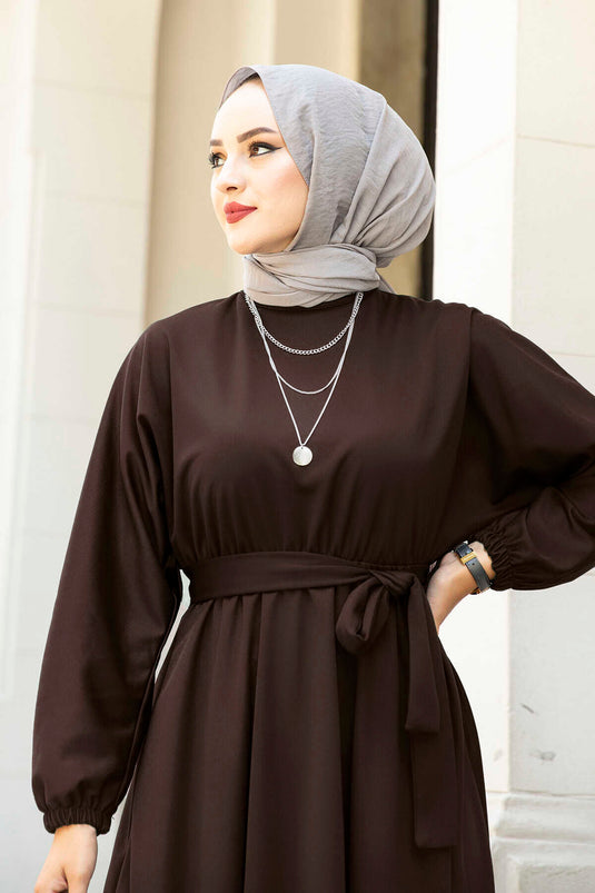 Vestido Modesto Con Cinturón 100MD-10528 Café