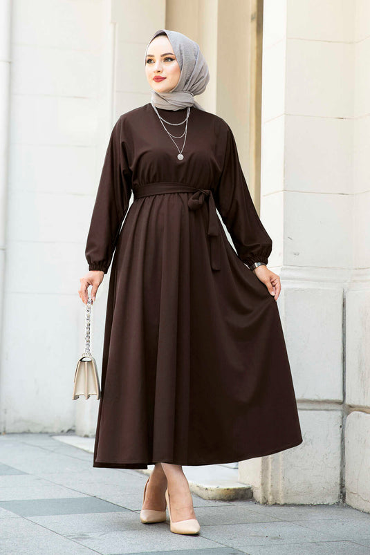 Vestido Modesto Con Cinturón 100MD-10528 Café