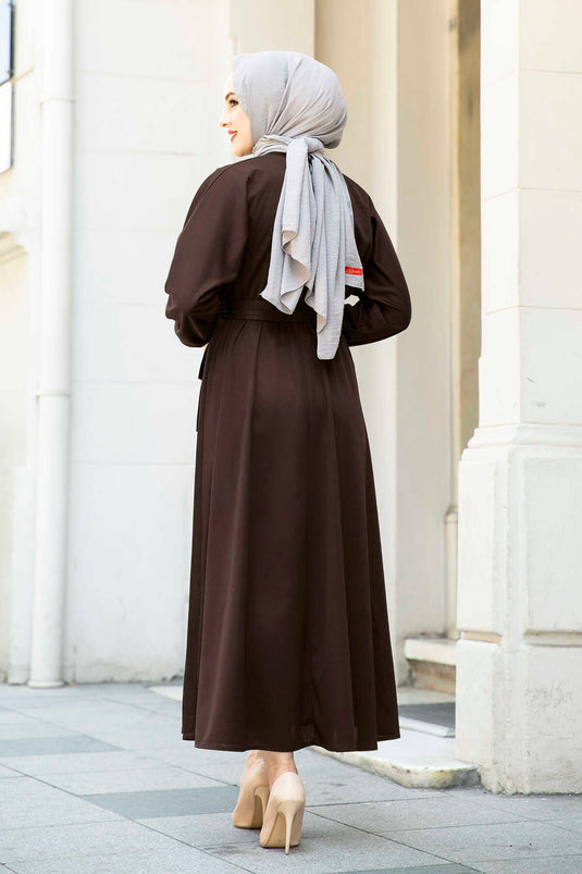 Vestido Modesto Con Cinturón 100MD-10528 Café