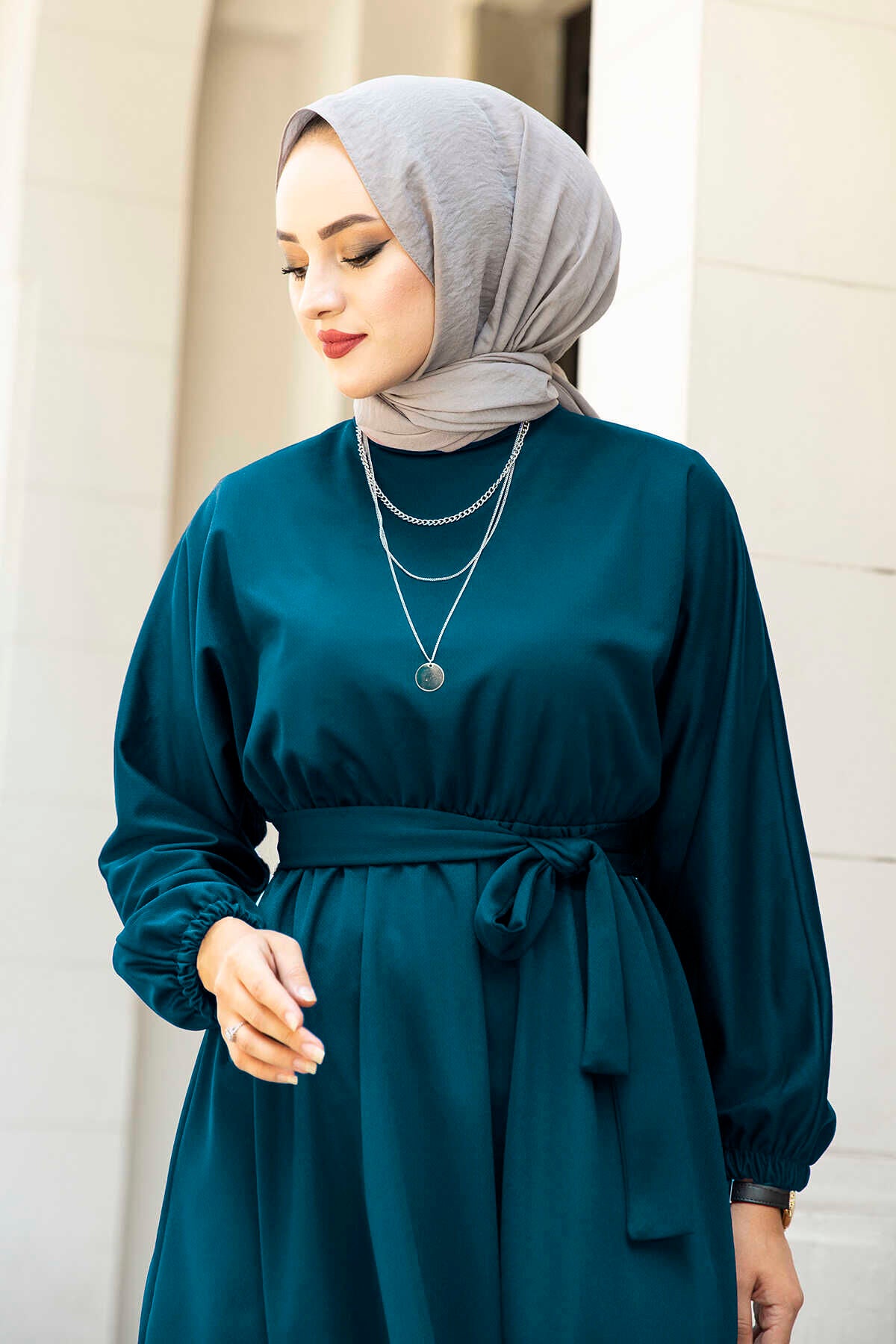 Belted Hijab Dress 100MD-10528 Petrol - Main Image