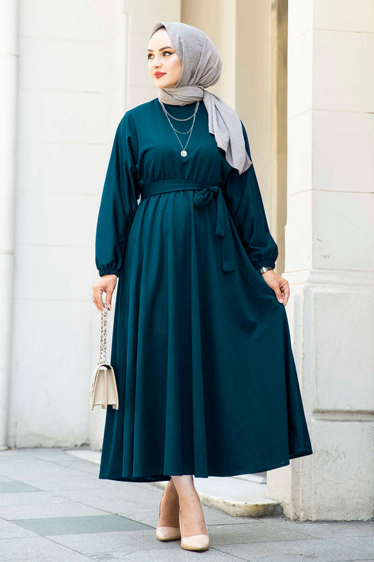 Beli Kuşaklı Tesettür Elbise 100MD-10528 Petrol