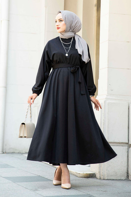 Abito hijab con cintura in vita 100MD-10528 Nero