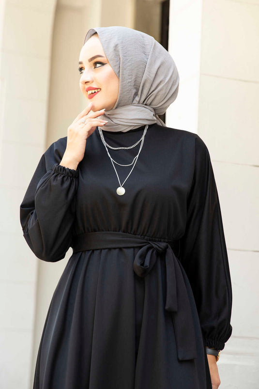 Abito hijab con cintura in vita 100MD-10528 Nero