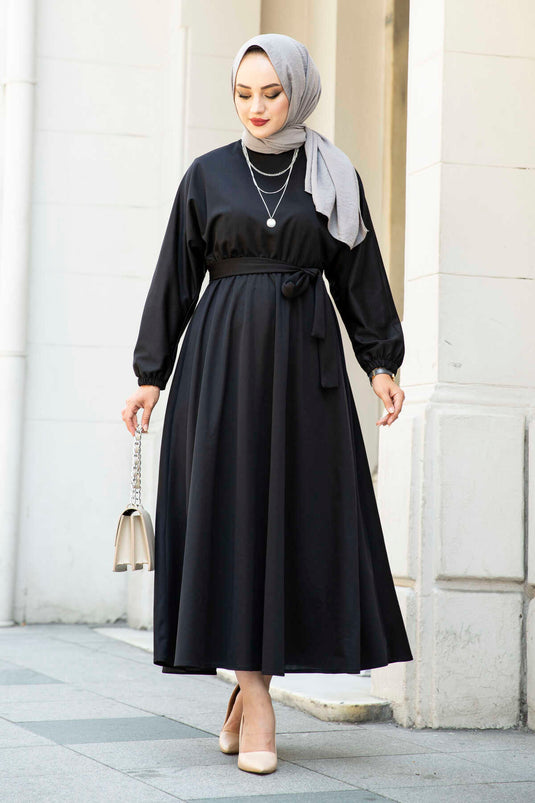 Acheter robe modeste à ceinture 100MD-10528 noire