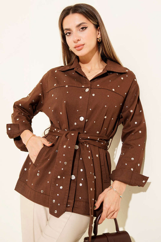 White Belted Gabardine Denim Jacket Brown