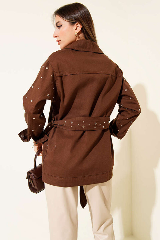 White Belted Gabardine Denim Jacket Brown