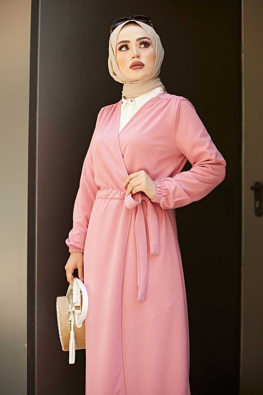 Kimono Hijab Ceinturé à la Taille 5587 Poudre