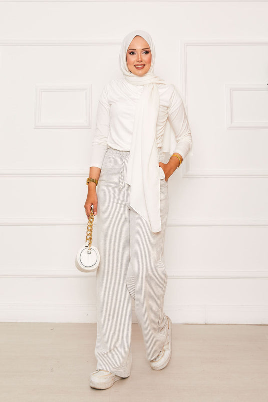 بنطلون كاجوال مخطط بحزام خصر مطاطي ورباط باللون الرمادي الفاتح