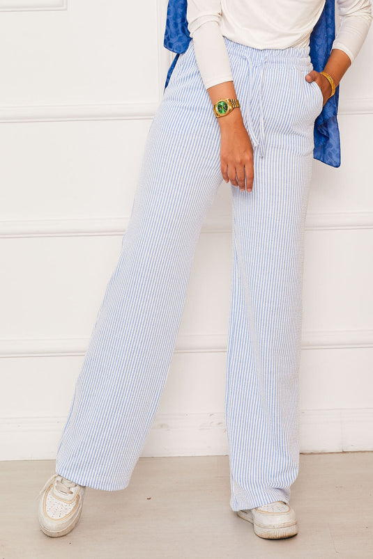 بنطلون كاجوال مخطط بحزام خصر مطاطي ورباط باللون الأزرق الفاتح