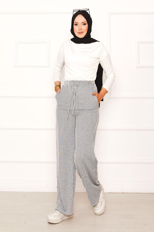 بنطلون كاجوال مخطط بحزام خصر مطاطي ورباط أسود