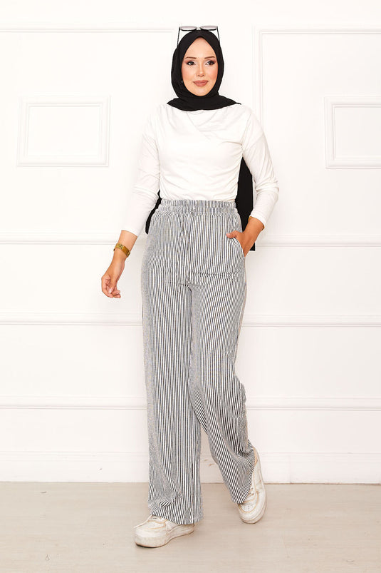 بنطلون كاجوال مخطط بحزام خصر مطاطي ورباط أسود