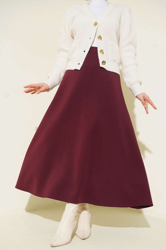 Jupe évasée en scuba avec détails en cuir bordeaux
