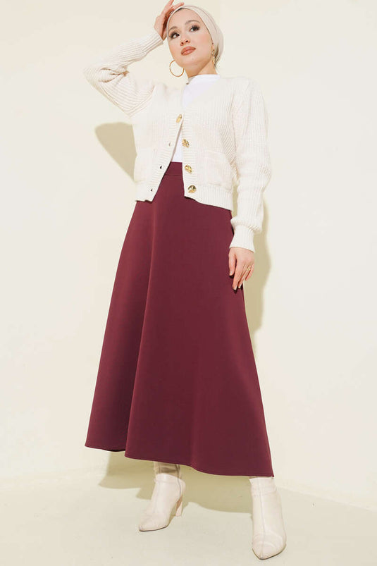 Jupe évasée en scuba avec détails en cuir bordeaux