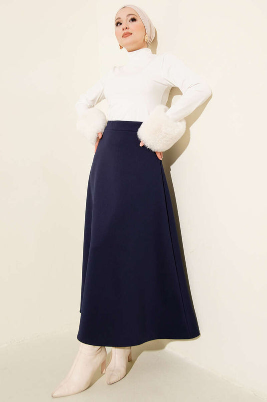 Beli Lastik Detaylı Kloş Scuba Etek Lacivert