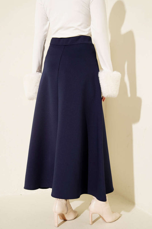 Beli Lastik Detaylı Kloş Scuba Etek Lacivert