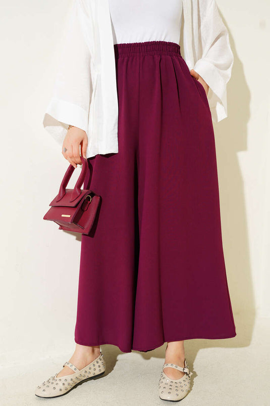 Casual Trousers with Elastic Waist Detail, Plum