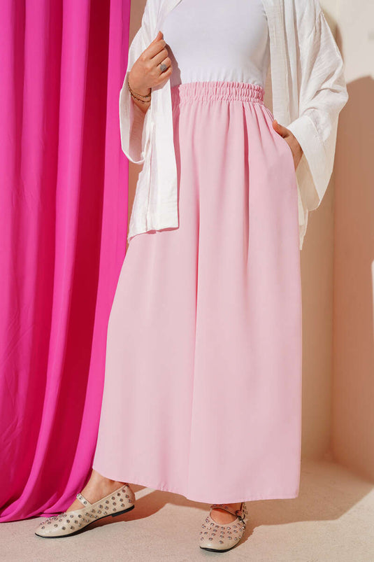 Beli Lastik Detaylı Salaş Pantolon Pembe