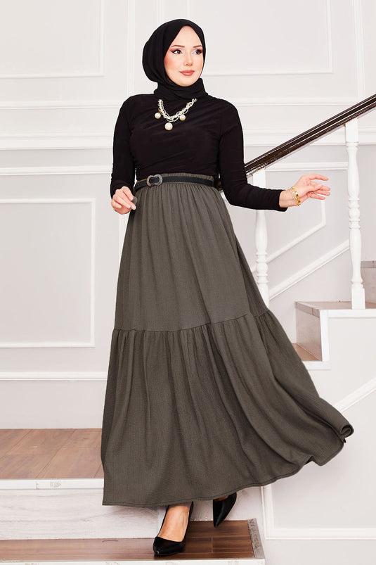 Elastic Waist and Gathered Bottom Hijab Skirt Khaki