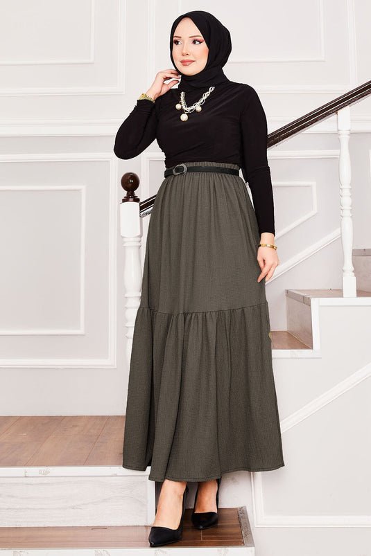 Elastic Waist and Gathered Bottom Hijab Skirt Khaki