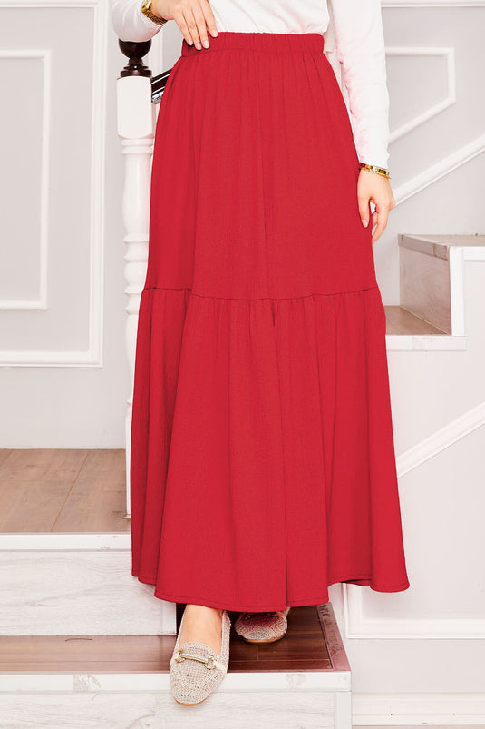 Elastic Waist and Gathered Bottom Hijab Skirt Red