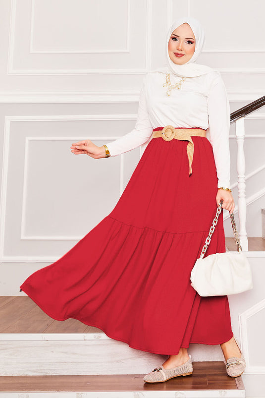 Elastic Waist and Gathered Bottom Hijab Skirt Red