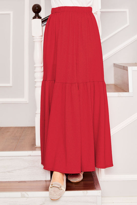 Elastic Waist and Gathered Bottom Hijab Skirt Red