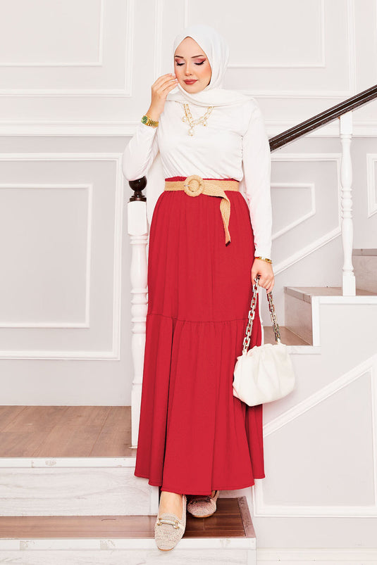 Elastic Waist and Gathered Bottom Hijab Skirt Red