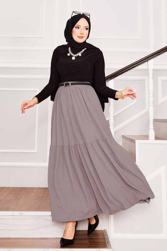 Beli Lastikli Altı Büzgülü Tesettür Etek Vizon