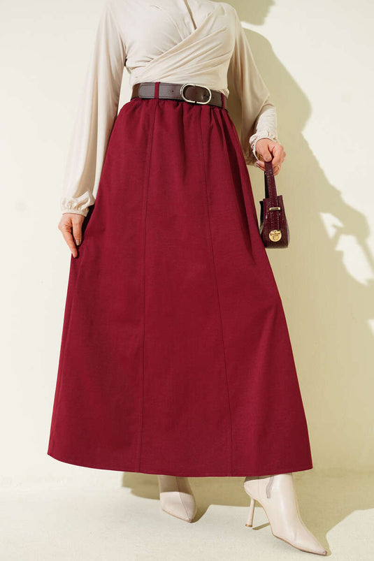 Beli Lastikli Basic Kloş Etek Bordo