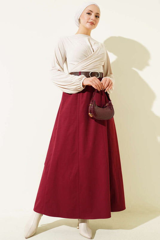 Beli Lastikli Basic Kloş Etek Bordo