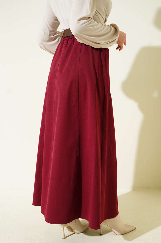Beli Lastikli Basic Kloş Etek Bordo