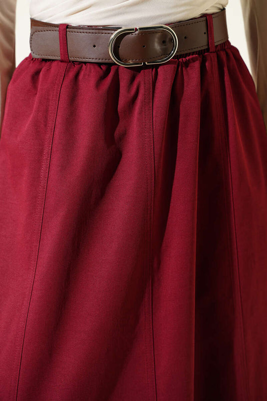 Beli Lastikli Basic Kloş Etek Bordo