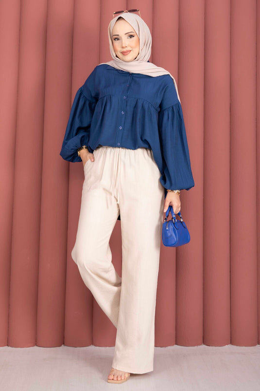 Pantalon Beige Élastiqué À Pattes Larges