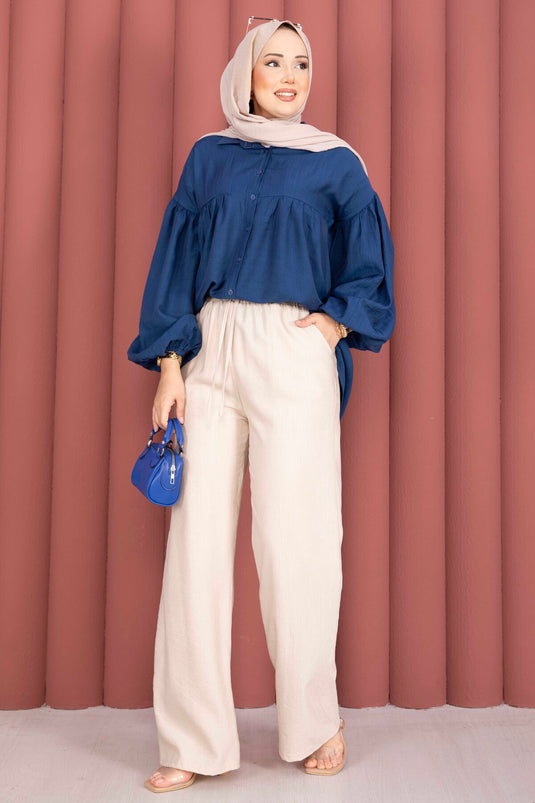 Pantalon Beige Élastiqué À Pattes Larges