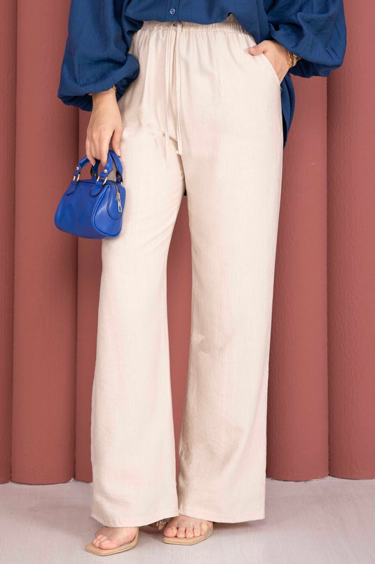 Pantalon Beige Élastiqué À Pattes Larges