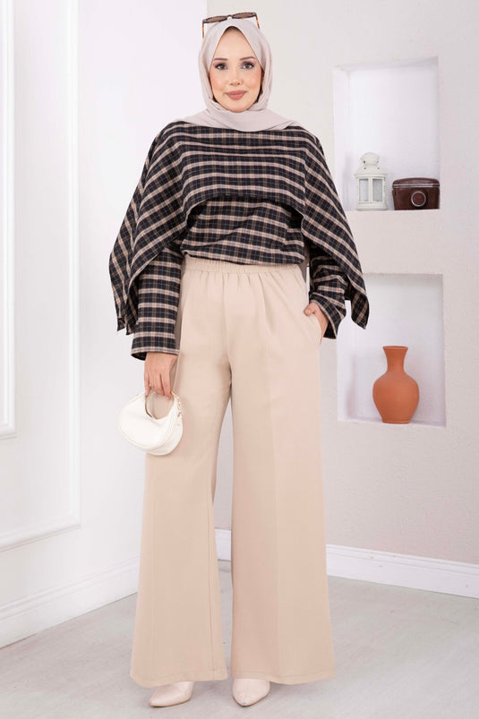 Pantalon Beige Élastiqué À Pattes Larges