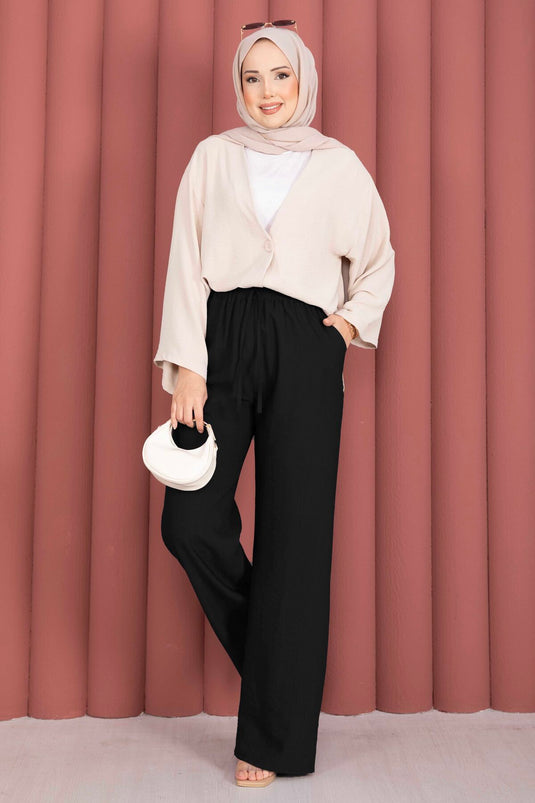 Pantalon Large À Taille Élastique Noir
