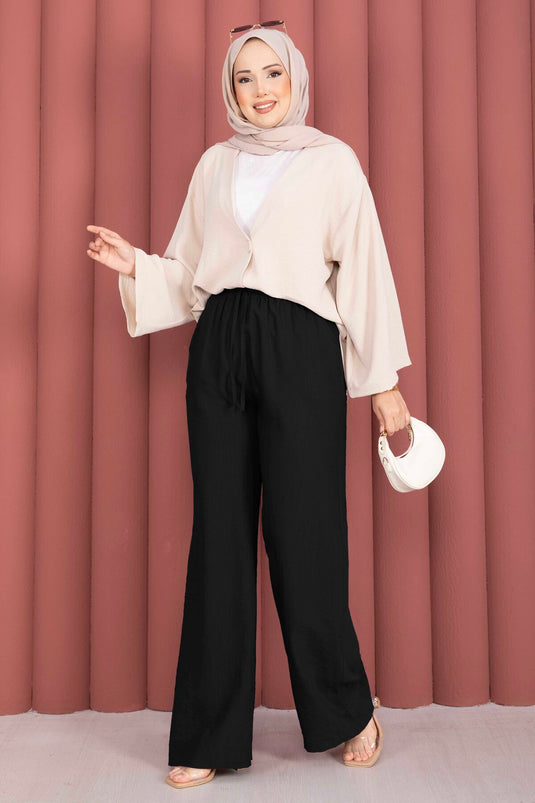 Pantalon Large À Taille Élastique Noir