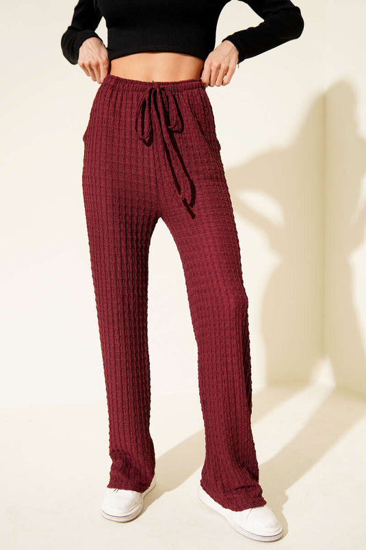 Elasticated Waist Crinkle Fabric Trousers, Burgundy