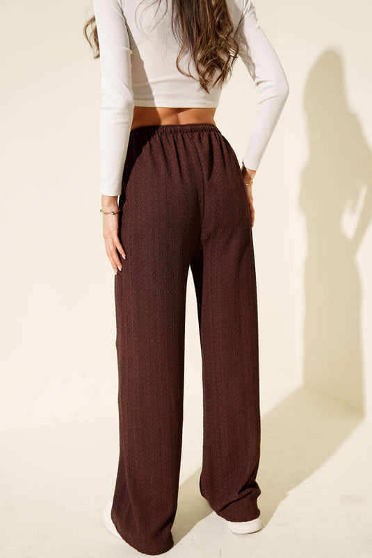 Elastic Waist Crinkle Fabric Trousers, Brown