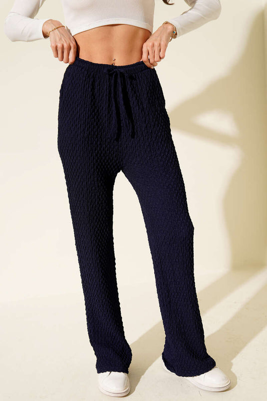 Navy Blue Crepe Trousers with Elastic Waistband